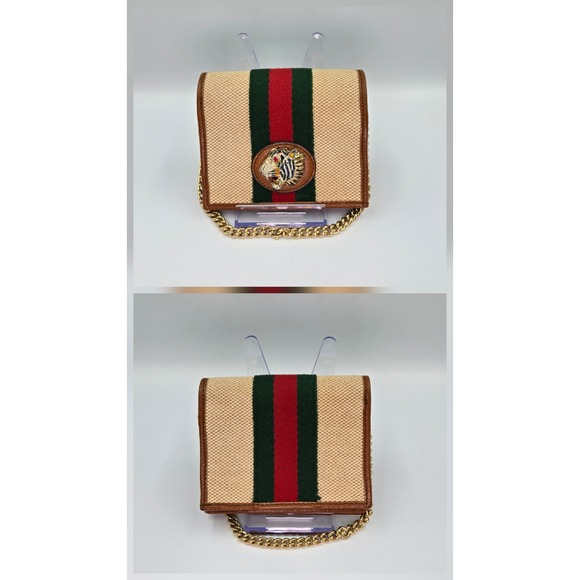 Gucci‎ Tiger Head Wallet on Chain Beige Canvas Brown Leather Gold Chain - Picture 2 of 10